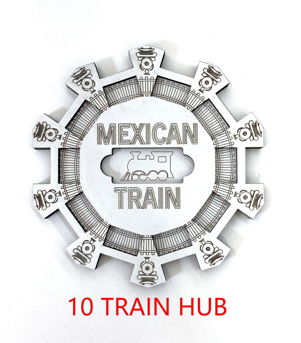 Mexican Train Domino Hub: Laser Engraved Wood with 3D Trains
