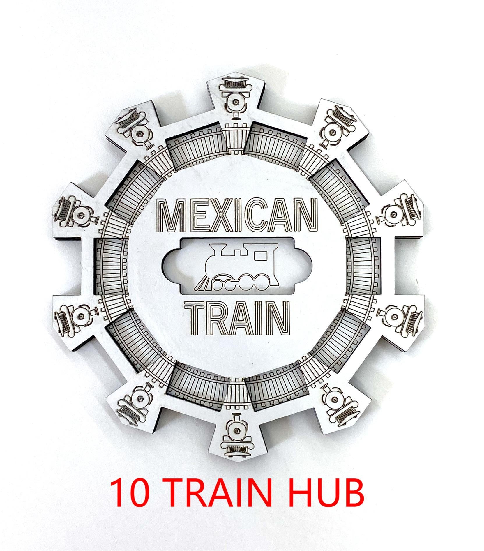Mexican Train Domino Hub: Laser Engraved Wood with 3D Trains