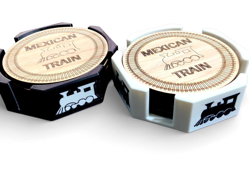 Mexican Train Wood Coasters - Set of 4 With Tray.