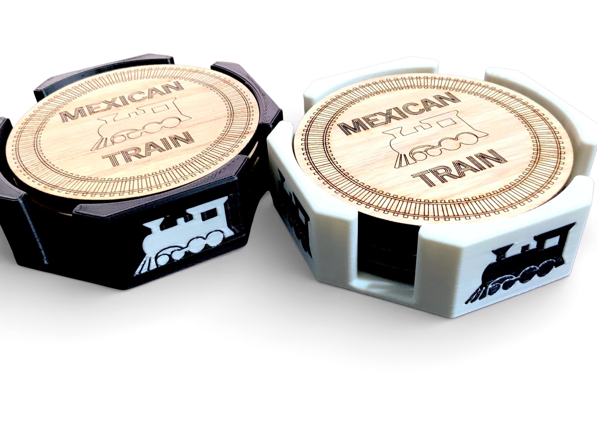 Mexican Train Wood Coasters - Set of 4 With Tray.