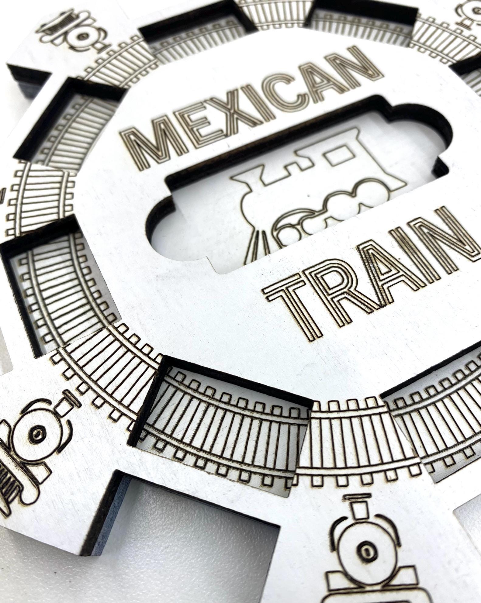 Mexican Train Domino Hub: Laser Engraved Wood with 3D Trains