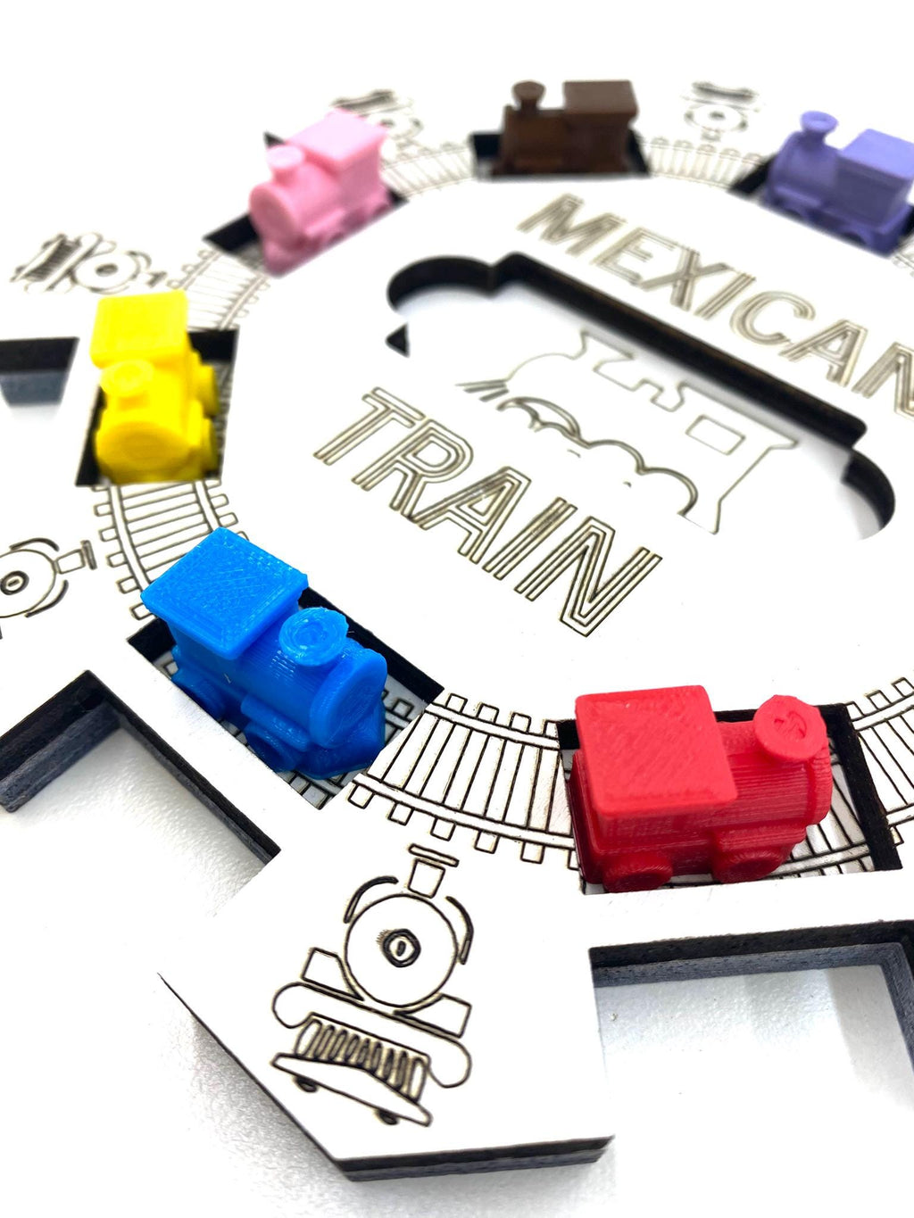 Mexican Train Domino Hub: Laser Engraved Wood with 3D Trains
