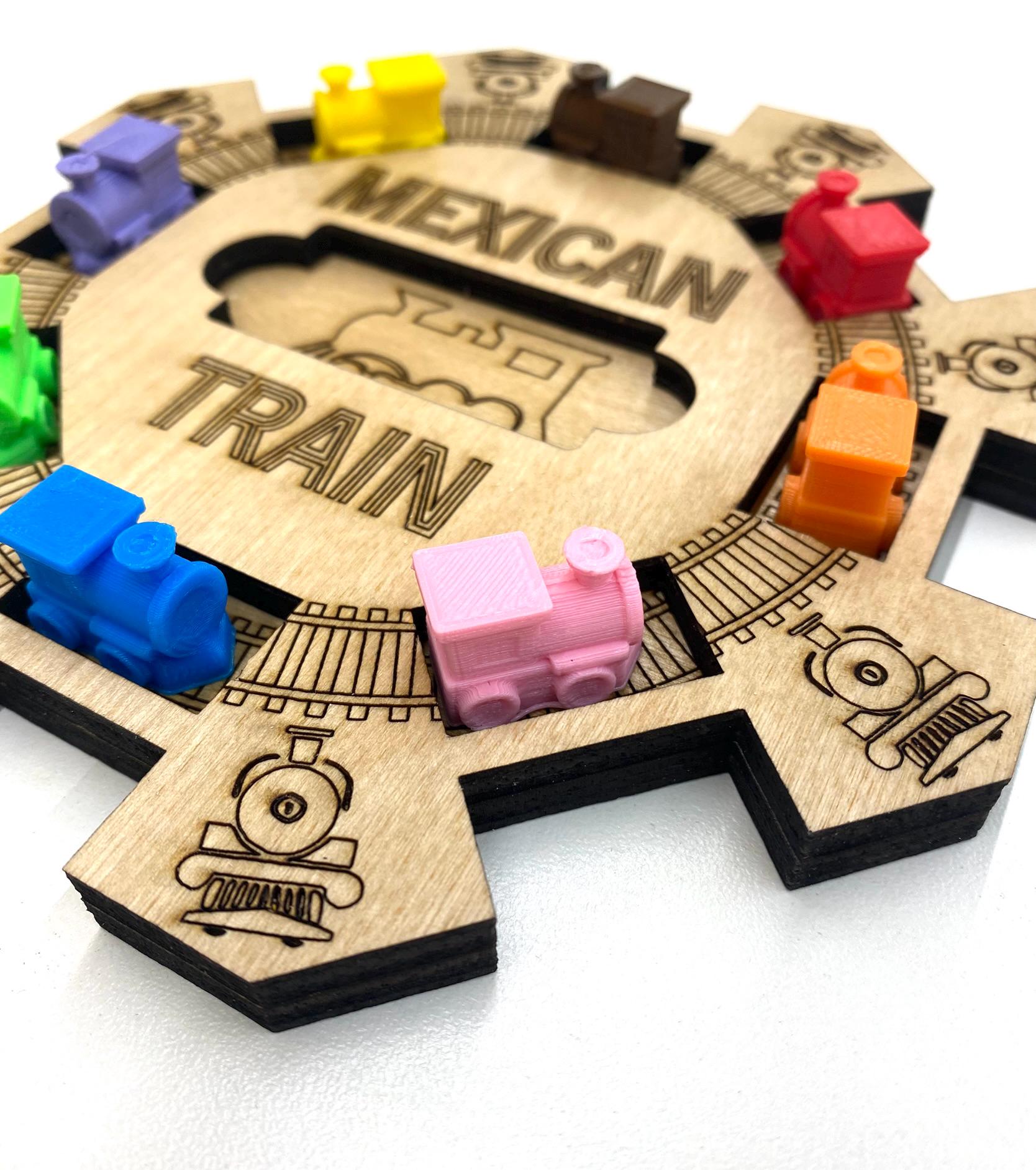Mexican Train Domino Hub: Laser Engraved Wood with 3D Trains
