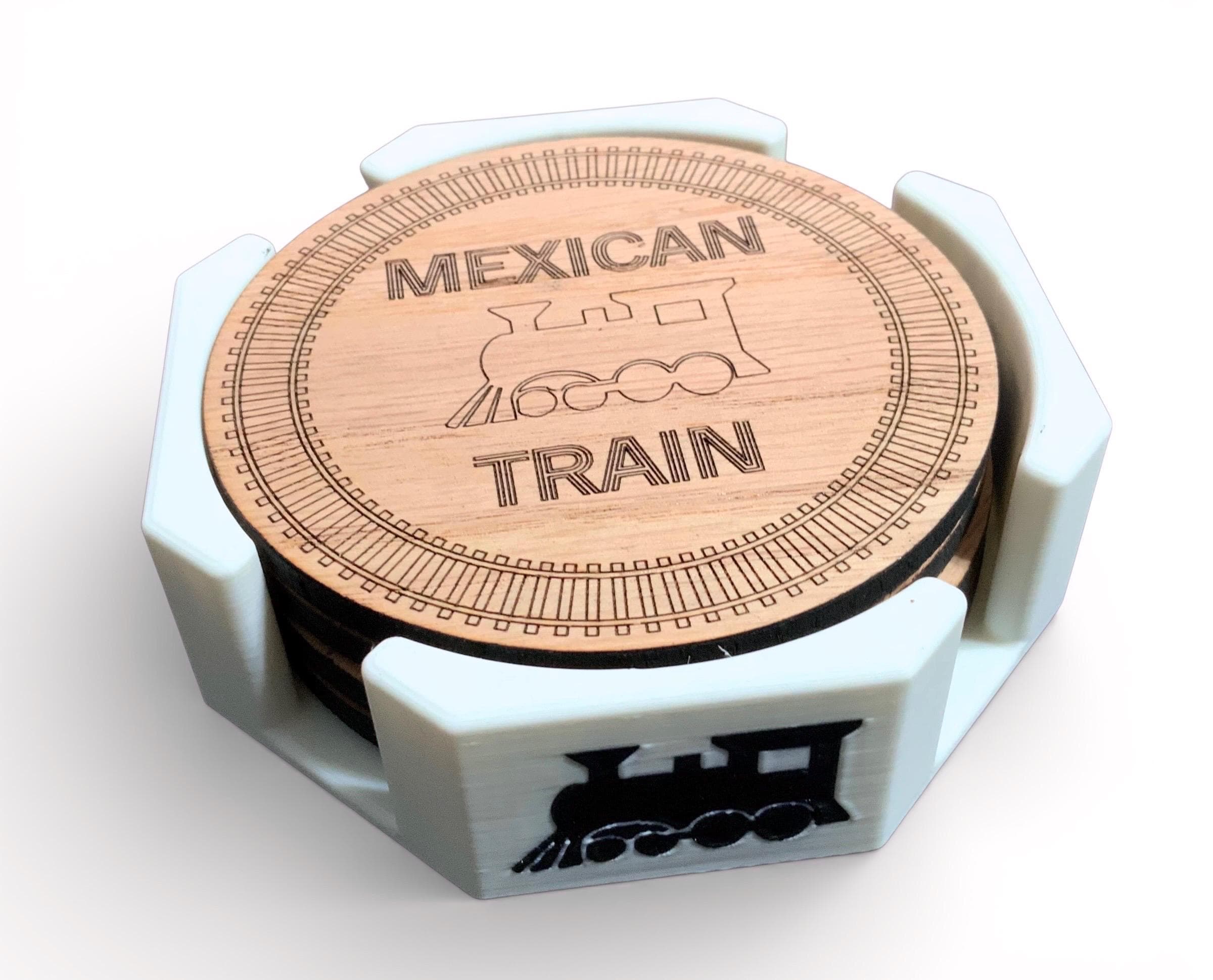 Mexican Train Wood Coasters - Set of 4 With Tray.