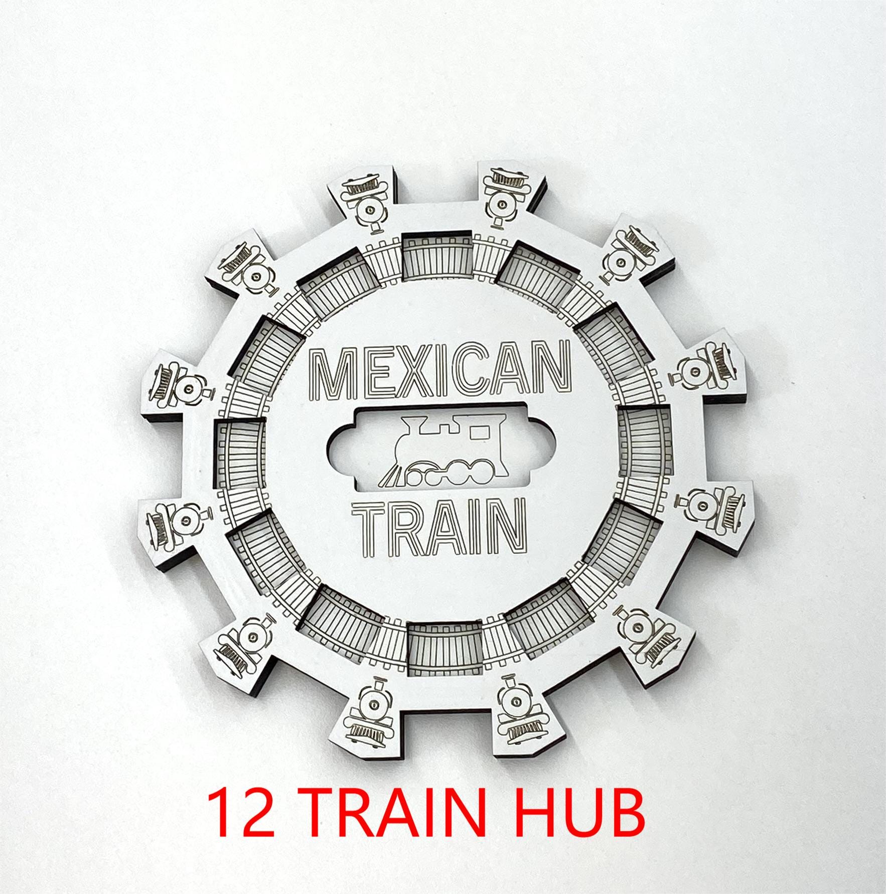 Mexican Train Domino Hub: Laser Engraved Wood with 3D Trains
