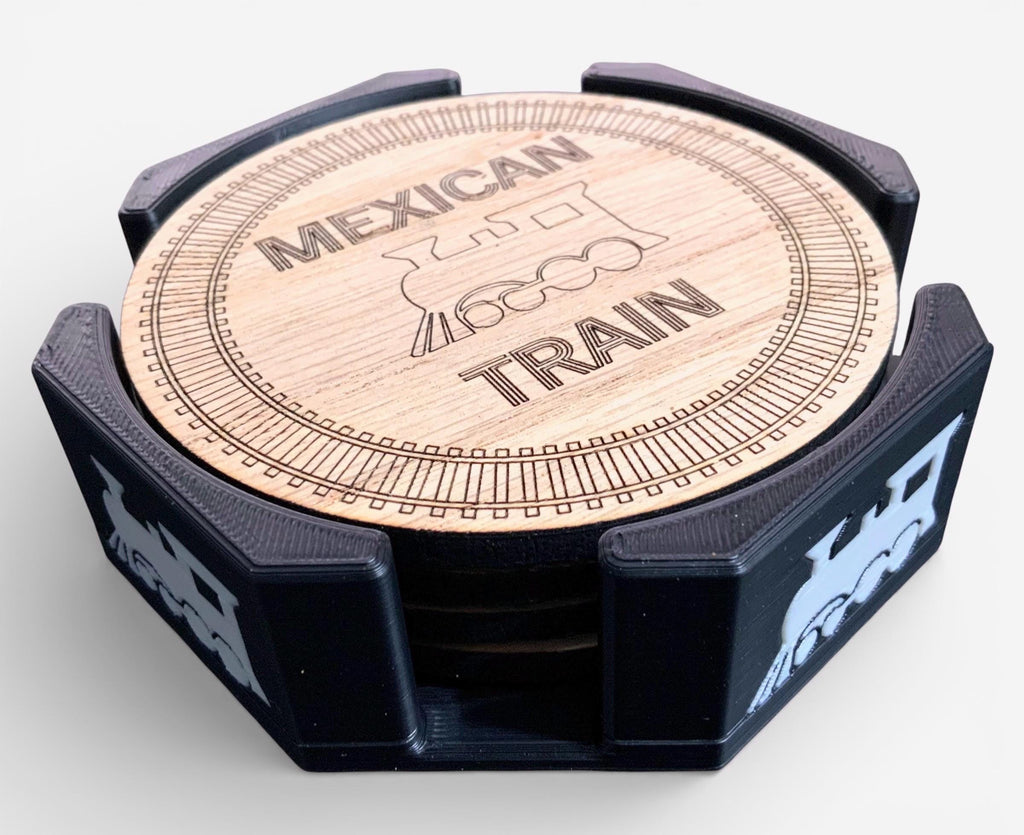Mexican Train Wood Coasters - Set of 4 With Tray.