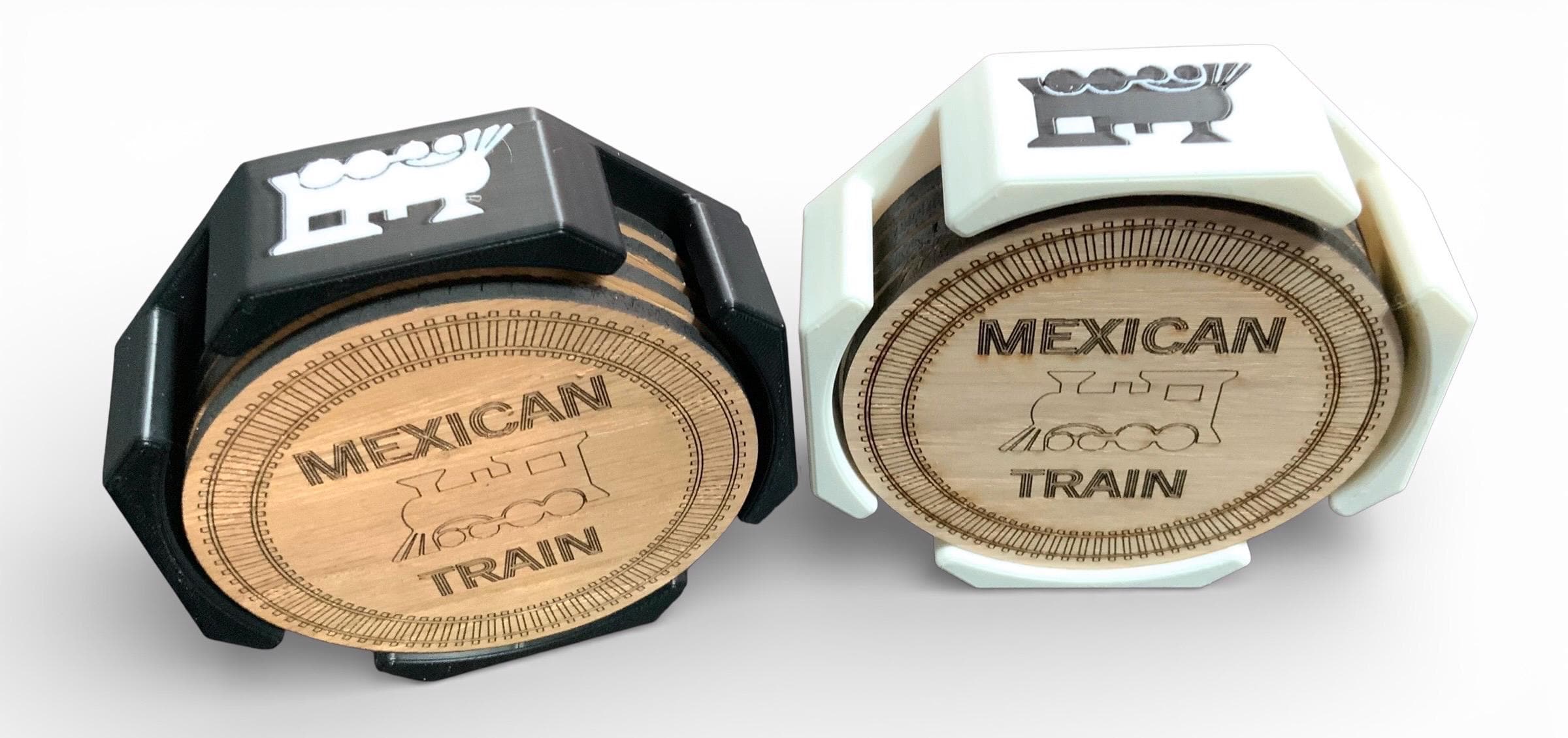 Mexican Train Wood Coasters - Set of 4 With Tray.
