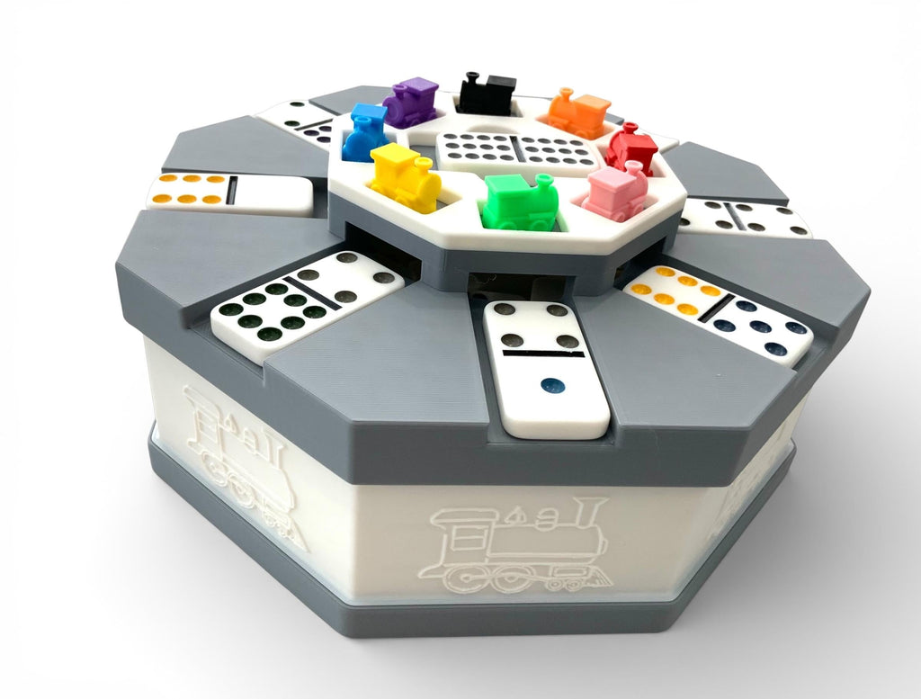 Mexican Train Push Hub - Compact Game Play and Storage System - With 8 Trains