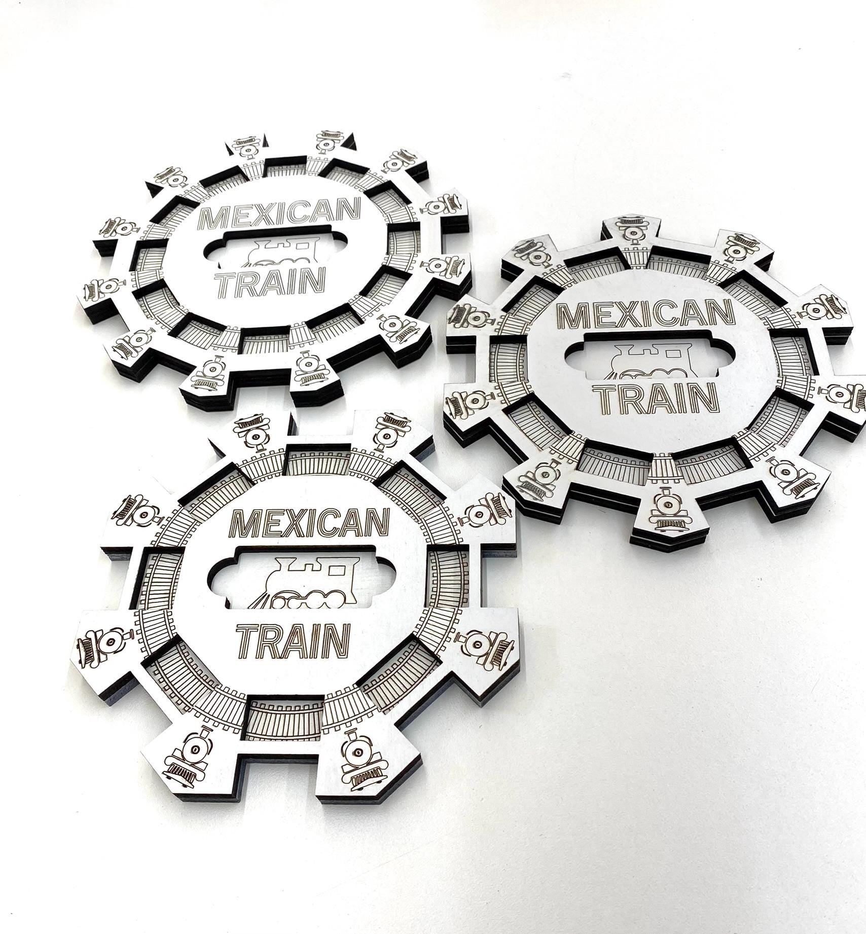 Mexican Train Domino Hub: Laser Engraved Wood with 3D Trains