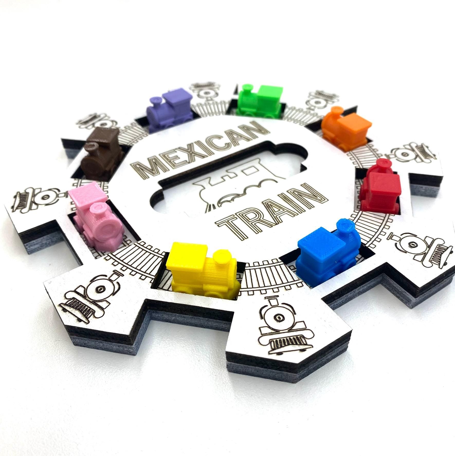 Mexican Train Domino Hub: Laser Engraved Wood with 3D Trains