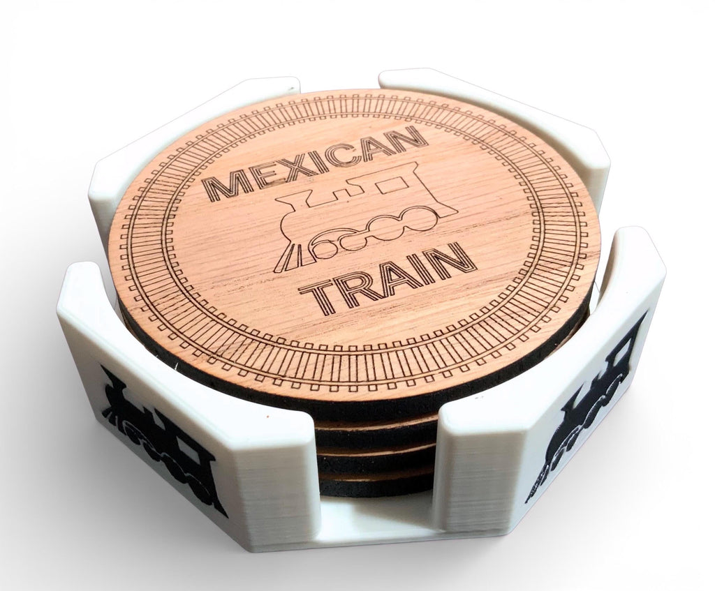 Mexican Train Wood Coasters - Set of 4 With Tray.