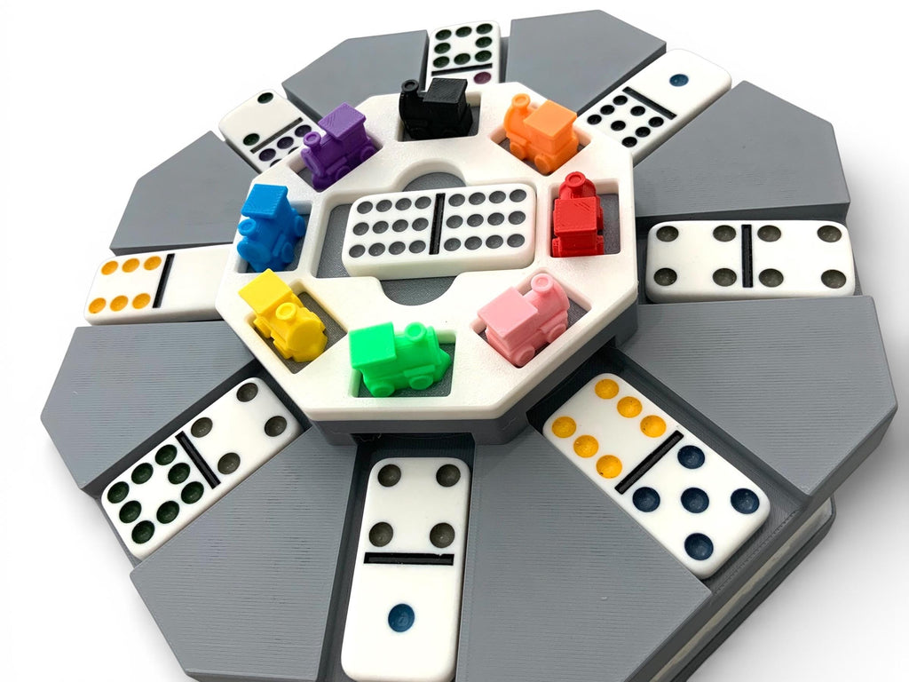 Mexican Train Push Hub - Compact Game Play and Storage System - With 8 Trains