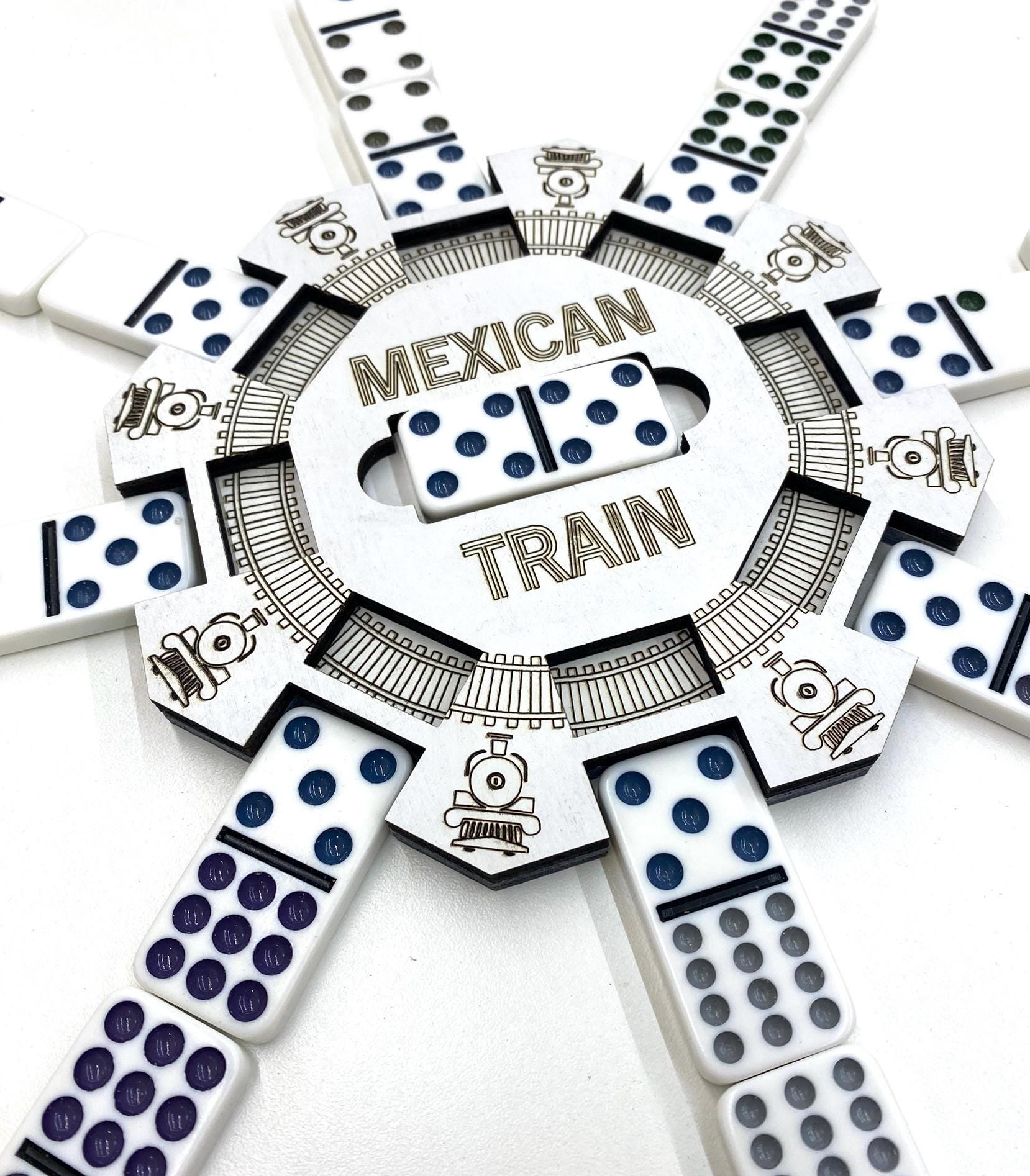 Mexican Train Domino Hub: Laser Engraved Wood with 3D Trains