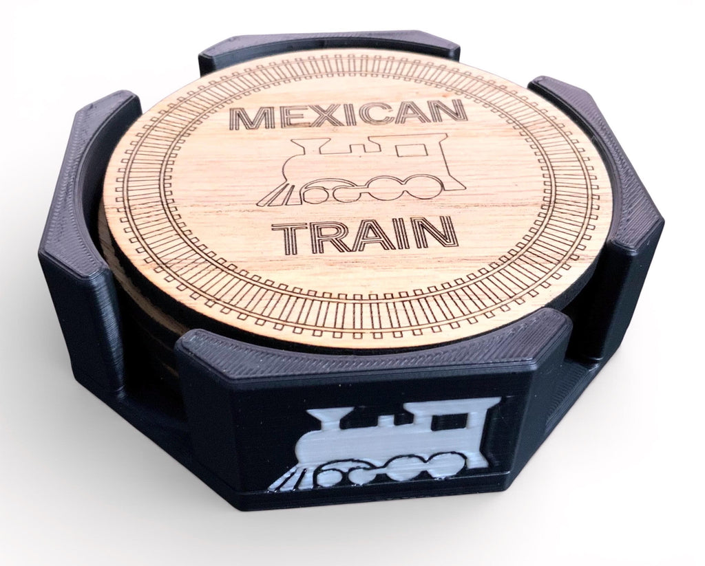Mexican Train Wood Coasters - Set of 4 With Tray.