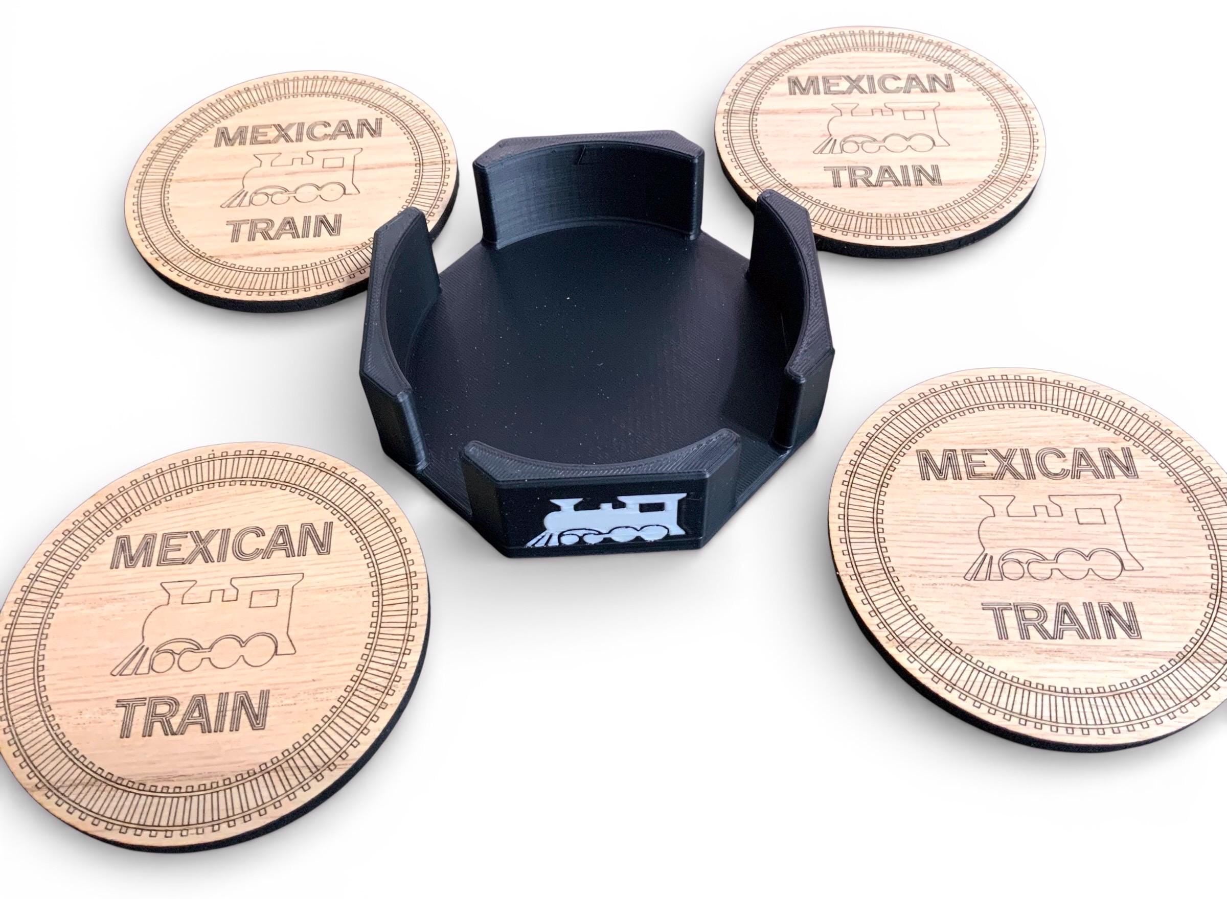 Mexican Train Wood Coasters - Set of 4 With Tray.